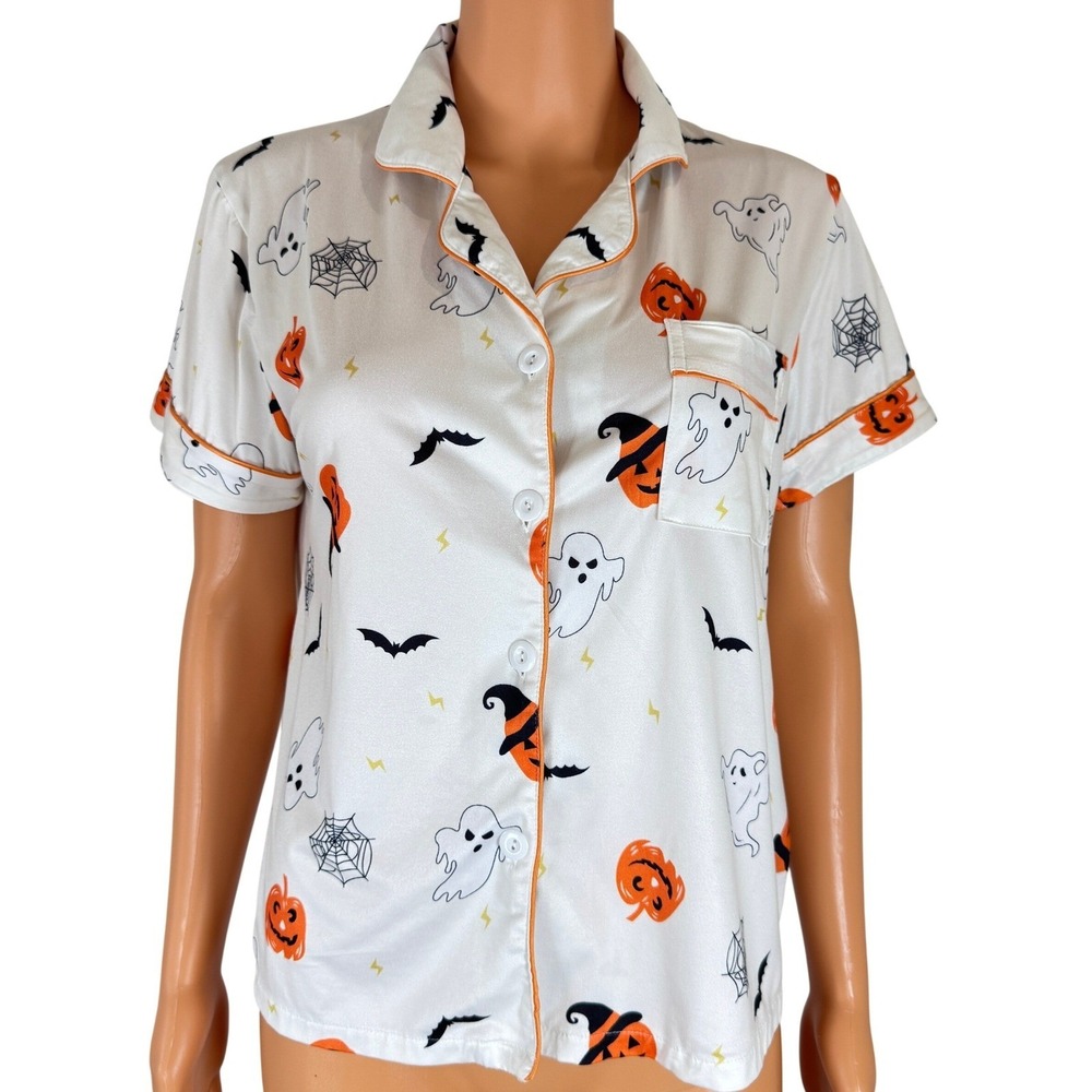 Halloween Shirt Pijama Ghost Pumpkin Bat Print Pajama Top Short Sleeve Small